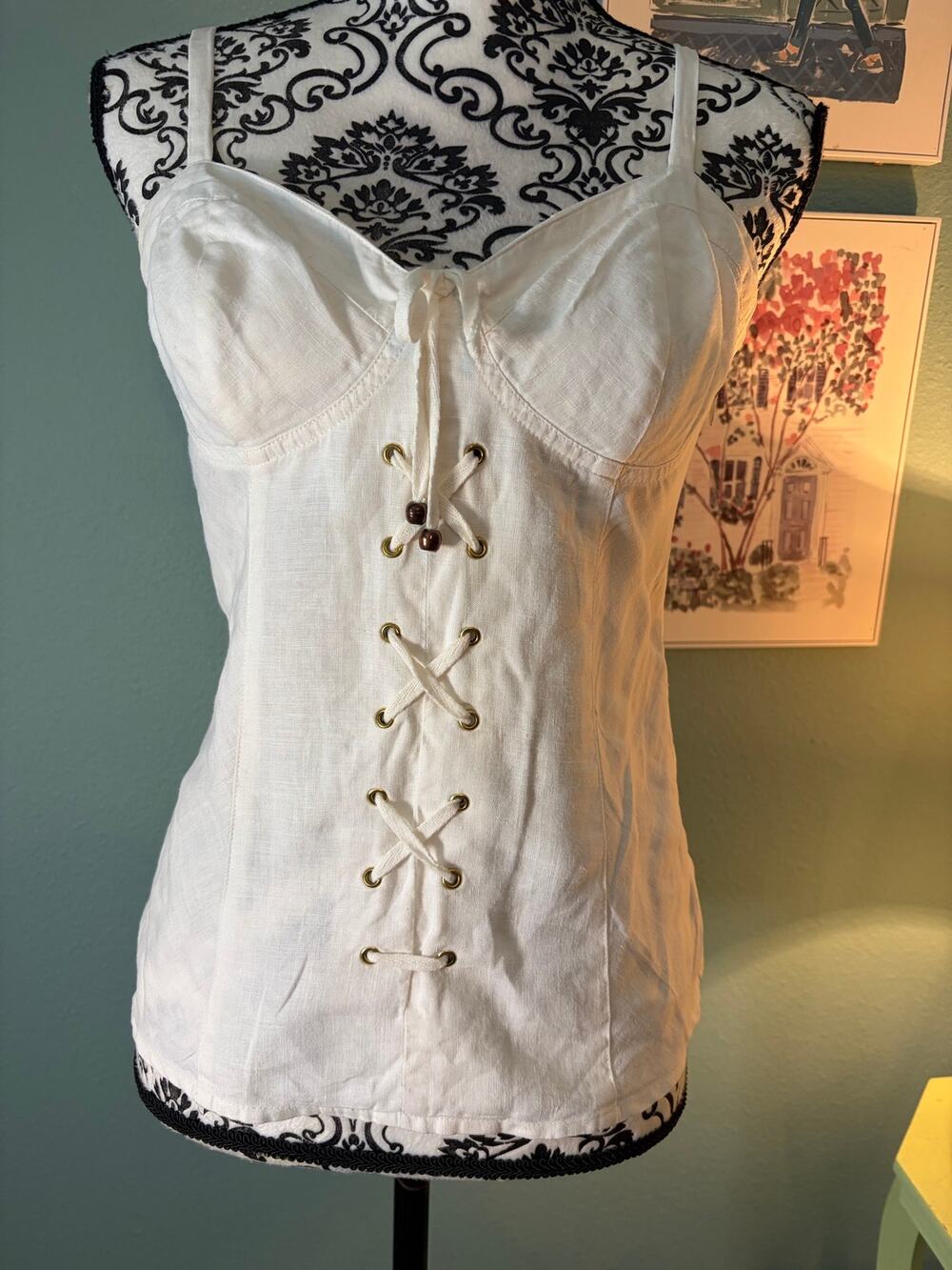 GUESS Women’s M White 100% Linen Lace Up Corset Cami Tank Top Y2K